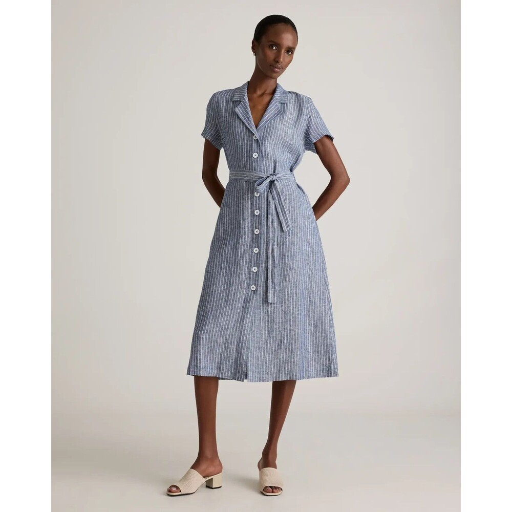 Quince 100% European Linen Chambray Stripe Midi Shirt Dress Size M
